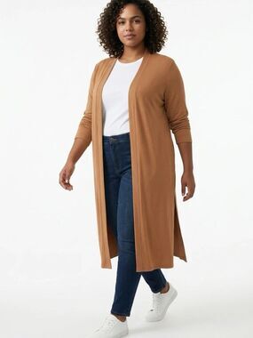 EXPRESS | Camel Tan Long Duster Cardigan Open Front Side Slit Women’s Size XL